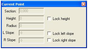 Topocad 13 manual Verktygsboxen för vägprofilen är vital för redigering och inmatning av vägprofil. I denna visas: Sektion Höjd Radie Lutning vänster och lutning höger Låsa höjd.