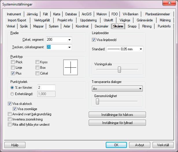 Topocad 13 manual Skärm Arkiv Inställningar Systeminställningar - Skärm Under skärm ställer du dels in hur ritade vinklar ritas ut på skärmen och hur enstaka punkter markeras.