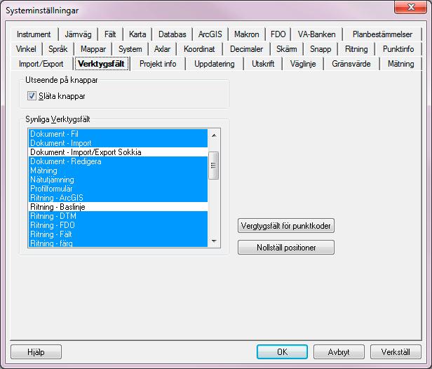 Topocad 13 manual Verktygsfält Arkiv Inställningar Systeminställningar - Verktygsfält Under verktygsfält markerar du vilka typer av verktyg du vill ha uppe på skärmen och vilket utseende dessa ska ha.