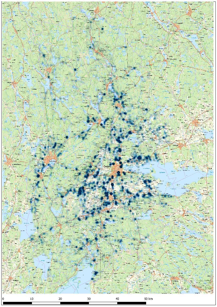 Figur 5. Nulägesbild av bredbandsutbyggnaden i Örebro län. Blå områden är platser där fiber saknas och befolkningstätheten är relativ hög.