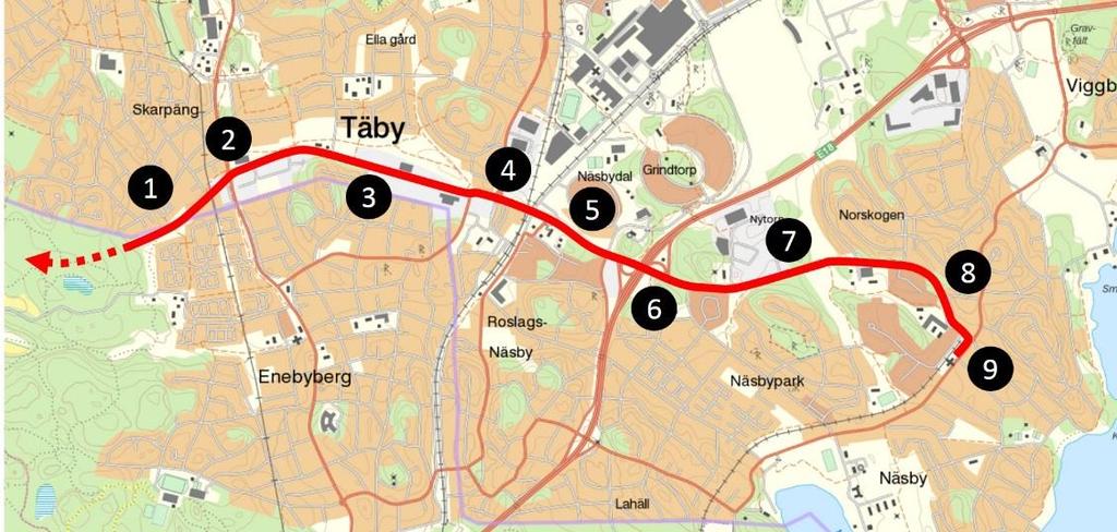 9 (21) 3 Utbyggnadsförslag Nedan redovisas sträckningen för en spårväg eller bussbana på sträckan från kommungränsen i väster och fram till Näsbypark station.
