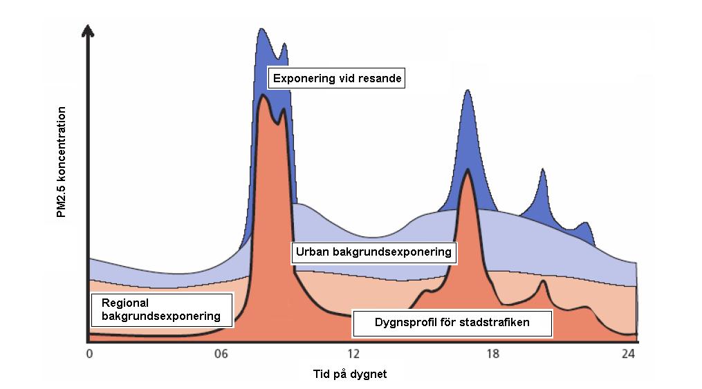 Figur 12. Schematisk variation i bidragen till halterna av PM2.5 i en stad (Sanderson et al., 2005).