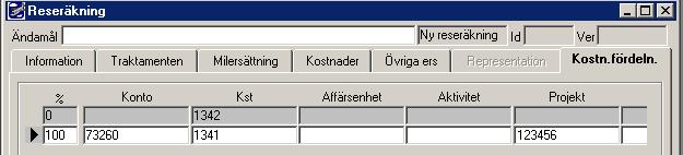 3.6 Kostnadsfördelning Om du vill fördela kostnaden/kostnaderna på något annat kostnadsställe görs detta under denna flik. Observera att det är den totala reskostnaden som fördelas.