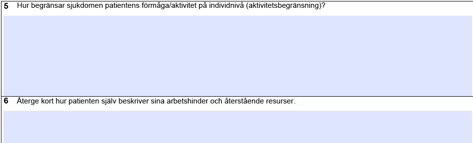 Hur begränsas patientens förmåga till aktivitet av sjukdomen och funktionsnedsättningen? Ange framför allt vad patienten inte kan göra så utförligt och detaljerat det är möjligt. Beskriv t.ex.