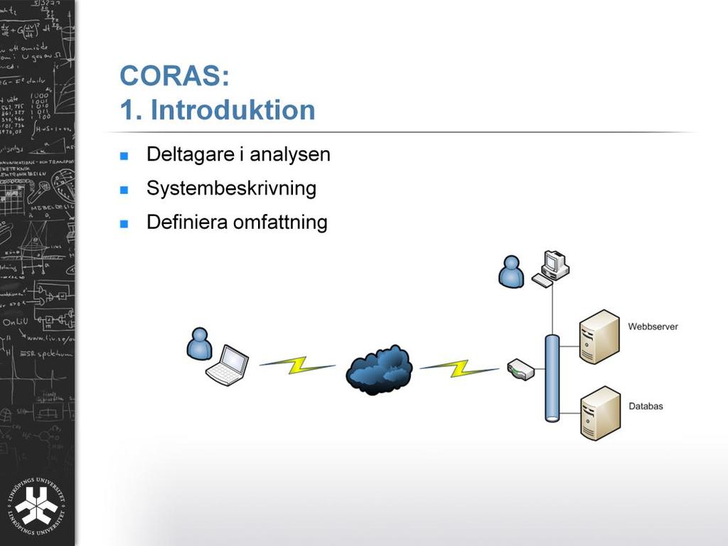 Steg 1 i CORAS är ett introduktionssteg då en klient beskriver systemet och hjälper till att definiera omfattningen av analysen för analytikern.