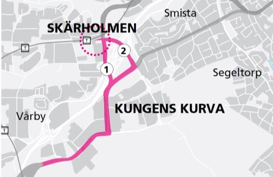 17(43) 4.1.3 Krossen Skärholmen Norr om Krossen ansluter spårvägen till Kungens kurvaleden och löper därefter vidare norrut längs vägens östra sida. I höjd med Pyramidbacken planeras en hållplats.
