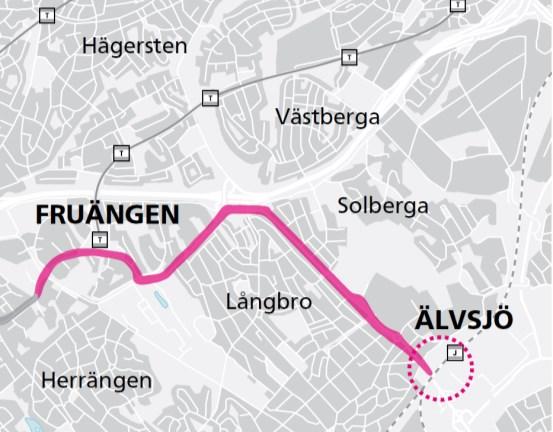 19(43) 4.1.5 Fruängen Älvsjö Från hållplatsen vid Fruängens centrum fortsätter spårvägen österut i Fruängsgatans förlängning för att därefter ansluta till Mickelbergsvägen.