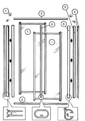 Reservdelar Ifö Calypso CVS Duschvägg, 1994-2004 80 1 Skiva, fast 1847x232 1) 05256 1 Skiva, dörr 1821x232 mm 2) 05257 2 Hjulbaneprofil 704 mm 0503808 178 223 Täcklist hjulbana 461 mm 0528924 8 10