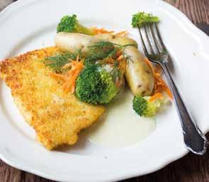 A Pankopanerad fisk med limesås GÖR SÅ HÄR 1. Koka potatis. 2. Limesås: Riv det gröna från limen (zesten). Rör ihop med matyoghurt, gräddfil, limesaft och honung. Smaka av med salt och peppar. 3.