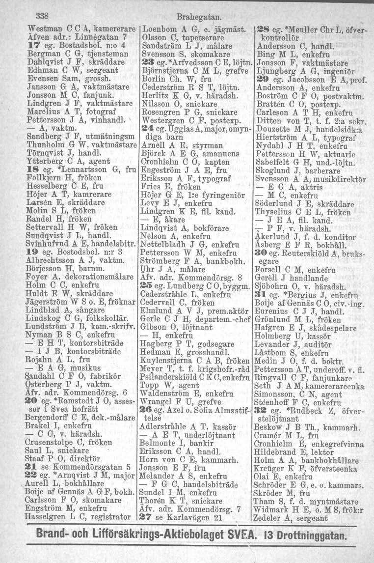 338 Brahegatan. Westman C C A, karnererare Loenbom A G, e. jägmäst. 2S ego*meuller Chr IJ, öfver- Äfven adr.: Linnegatan 7 Olsson C, tapetserare kontrollör 17 ego Bostadsbol.