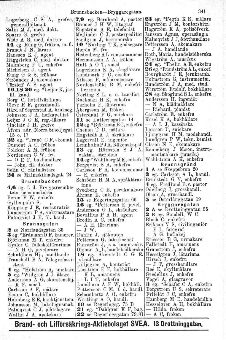 Brunnsbacken-Bryggaregatan. 341 Lagerberg C S' 'A, grefve, 7,9 ego Bernhard A, pastor 23 ego *Fegth K R, målare generallöjtnant Bremer J H W, litograf Engström J M, kontorsbitr. Salin M J, med.
