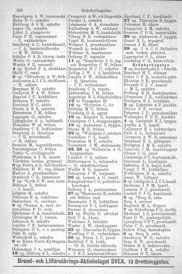 342 Bränkyrkagatan. Hesselgren A W, kontorsskr. Cronqvist A W, civilingeniör Åkerlund C F, handlande Holm D C, enkefru Dreijer J, enkefru 37 ego Thavenius E, byggm.