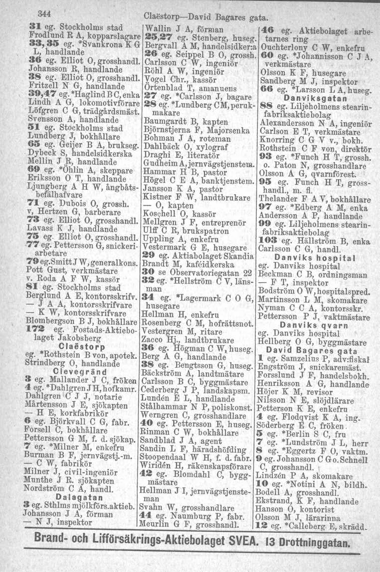 344 Claestorp-David Bagares gata. 31 ego Stockholms stad Wallin J A, förman 46 ego Aktiebolaget arbe- Frodlund R A, kopparslagare 2li,27 ego Stenberg, huseg. tarnes ring.