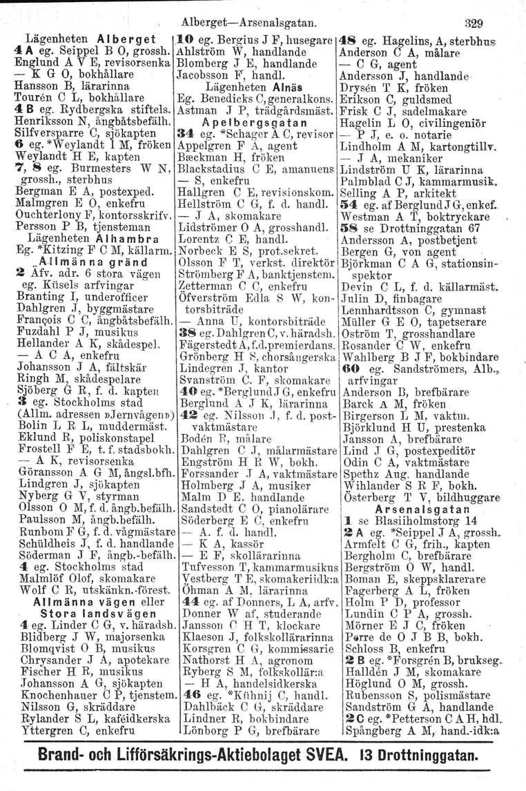 Alberget-Arsenalsgatan. 329 Lägenheten A I b e rg et,10 ego Bergins J F, husegare 4S ego Hagelins, A, sterbhus 4 A ego Seippel B O, grossh.