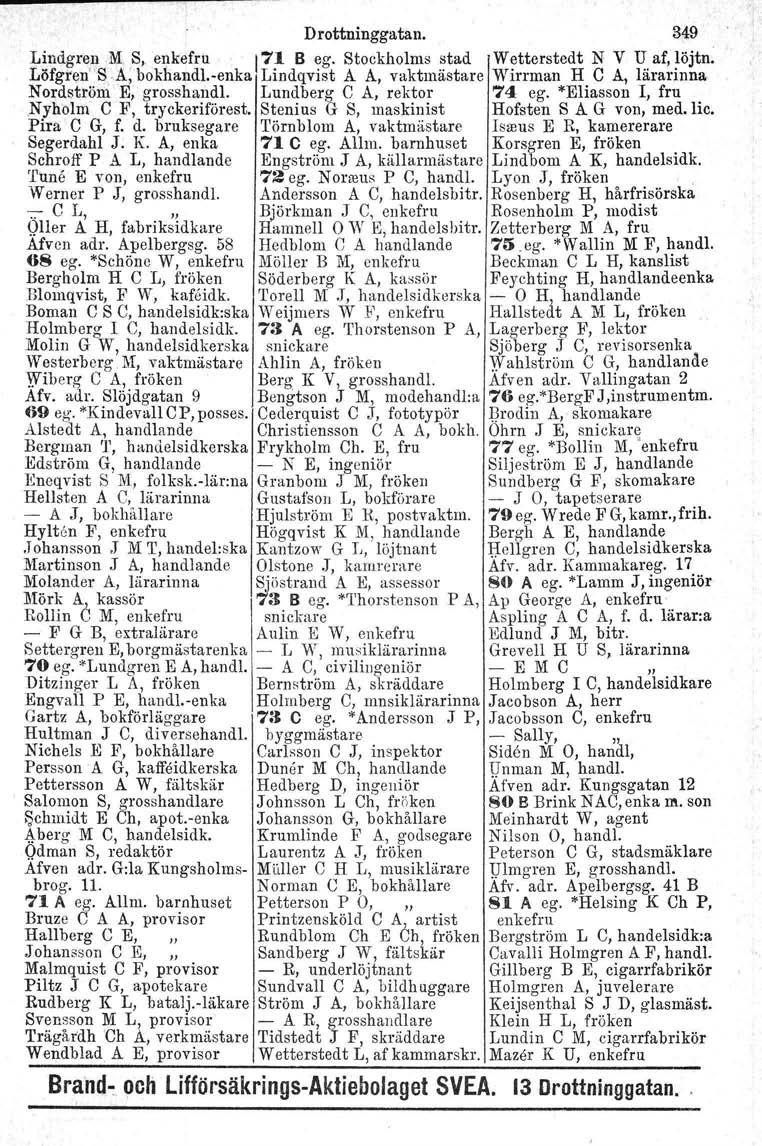 Drottninggatan. 349 Lindgren 1\18. enkefru 171 B eg. Stockholms stad Wetterstedt N V U af,löjtn. Löfgren"SA; bokhandl.
