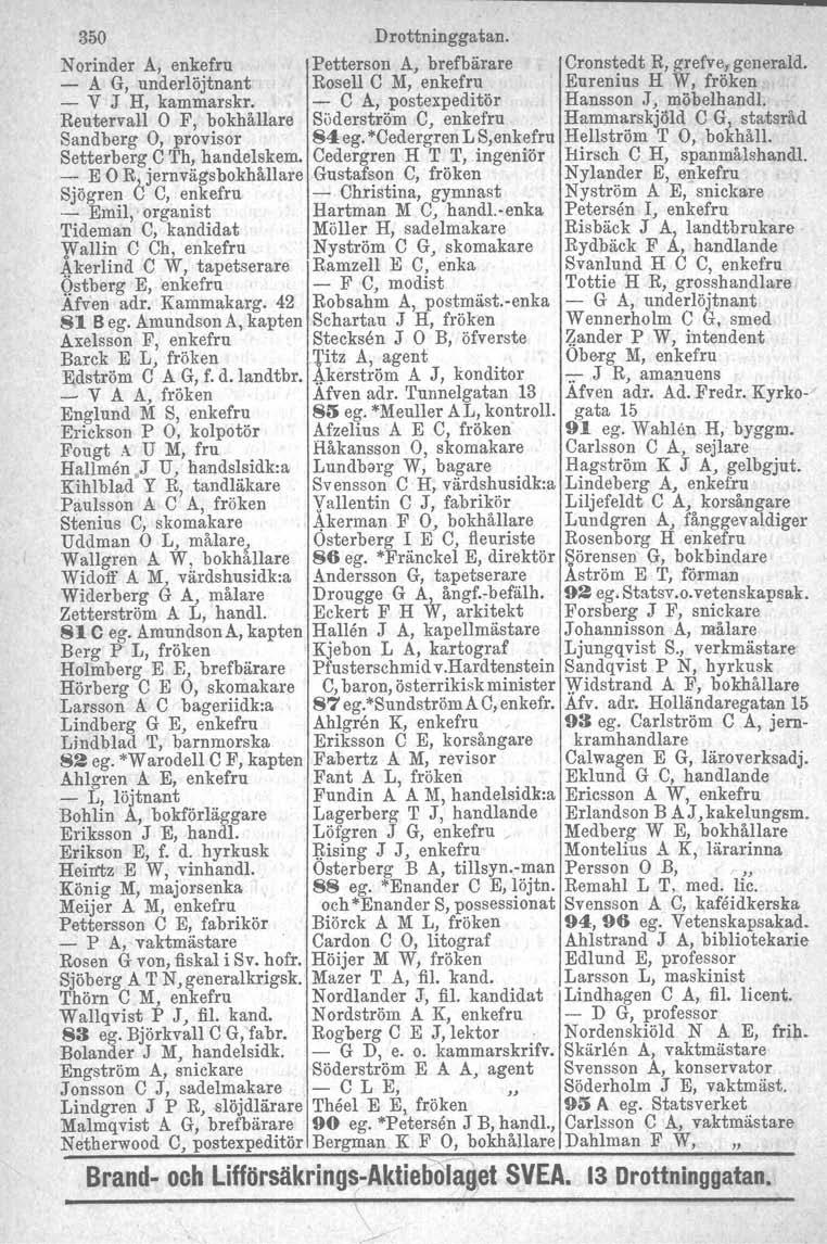 350 Drottninggatan. Norinder A, enkefru Petterson A, brefbärare Cronstedt R, grefve-generald.