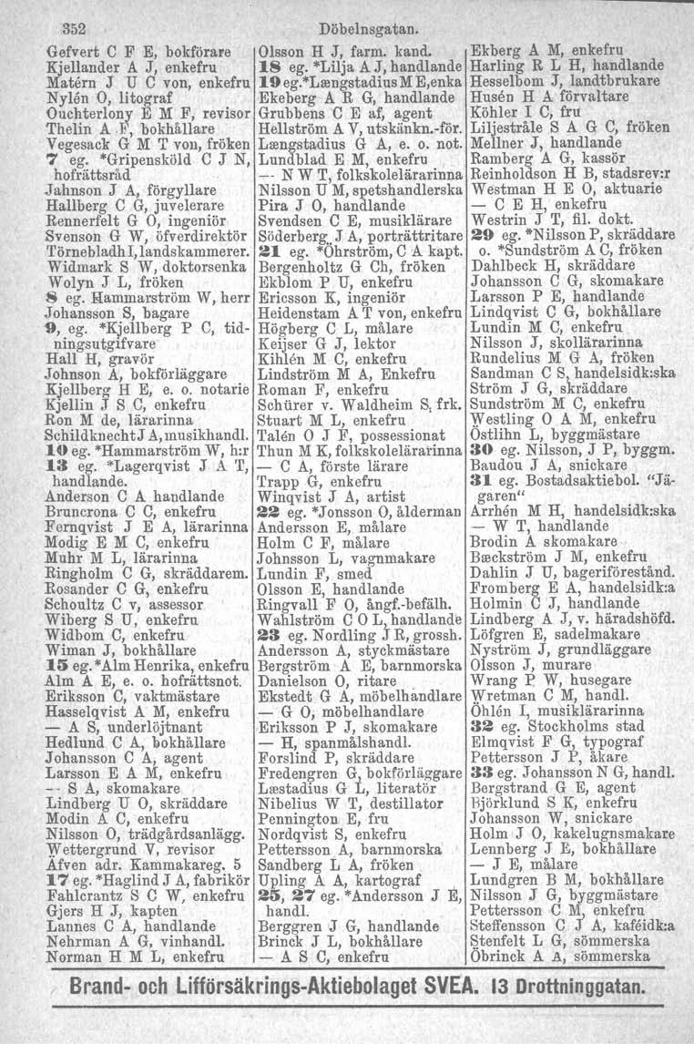 352 Döbelnsgatan. Gefvert C F E, bokförare Olsson H J, farm. kand. Ekberg A M, enkefru Kjellander A J, enkefru IS ego *Lilja A J, handlande Harling R L H, handlande Matern J U C von, enkefru 1ge9.