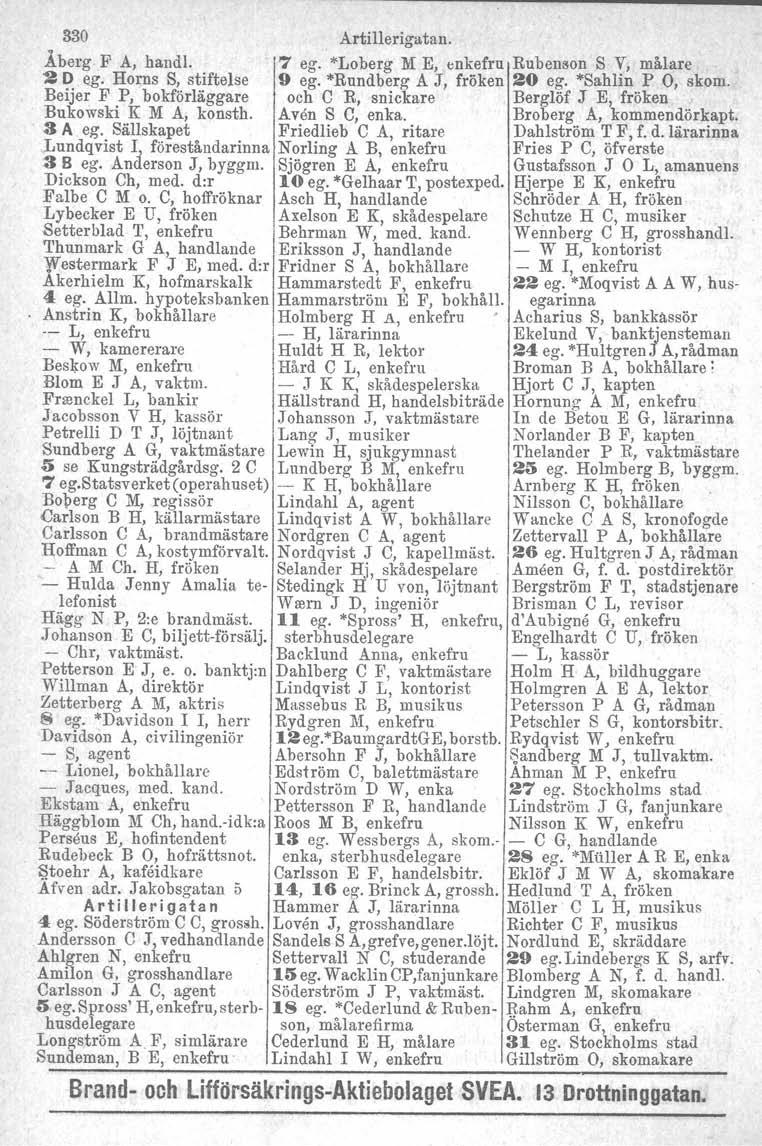 330 Artillerigatan. Åberg F A, handl. 7 eg. *Loberg M E, enkefru Rubenson S V, målare '2 D eg. Horns S, stiftelse 9 eg. *Rundberg A J, fröken 20 eg. *Sahlin P O, skom.