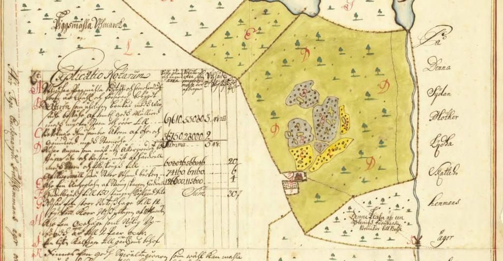 Karta från 1697. Byn bestod av en gård med åkrar och ängar norr om, precis som idag.