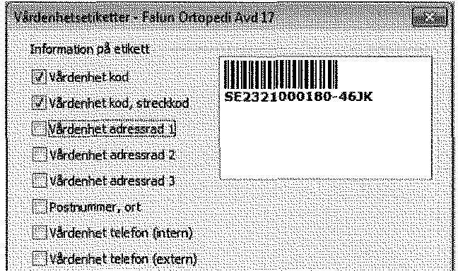 Utdrag ur TakeCare Handledning, "Instruktion utskrift av patient- och vårdenhetsetiketter ",sid 7-8: För etikett till lab måste rutorna 'Vårdenhet kod" och 'Vårdenhet kod, streckkod" vara