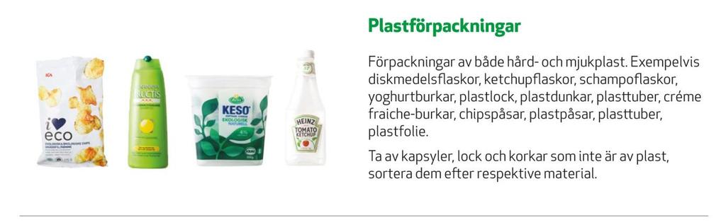 PLASTFÖRPACKNINGAR Vad är en plastförpackning? Några exempel: Burkar, dunkar, lådor, frigolit, tuber, cellofan, plastband, förpackningsfilm och flaskor utan pant.