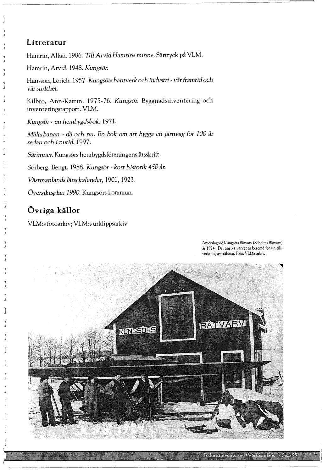 .. Litteratur Hamrin, Aan. 1986. Ti ArvidHamrins minne. Särtryck på VLM..,., Hamrin, Arvid. 1948. Kungsör. Hansson, Lorich. 1957. Kungsörs hantverk och industri ~ vår framtid och vår stothet.