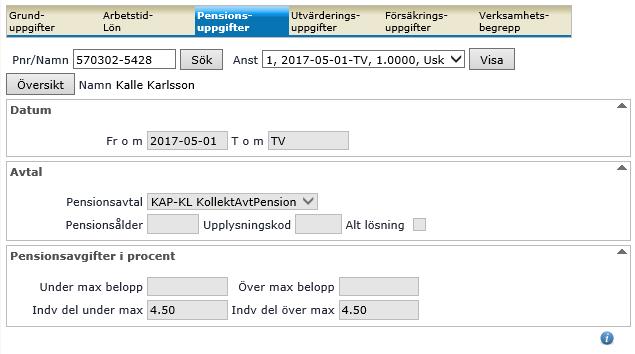 Pensionsuppgifter Under pensionsuppgifter visas uppgifterna på anställningen som berör pension såsom uppgifter om avtal samt pensionsavgifter i procent (kontakta systemförvaltaren för att få veta vad