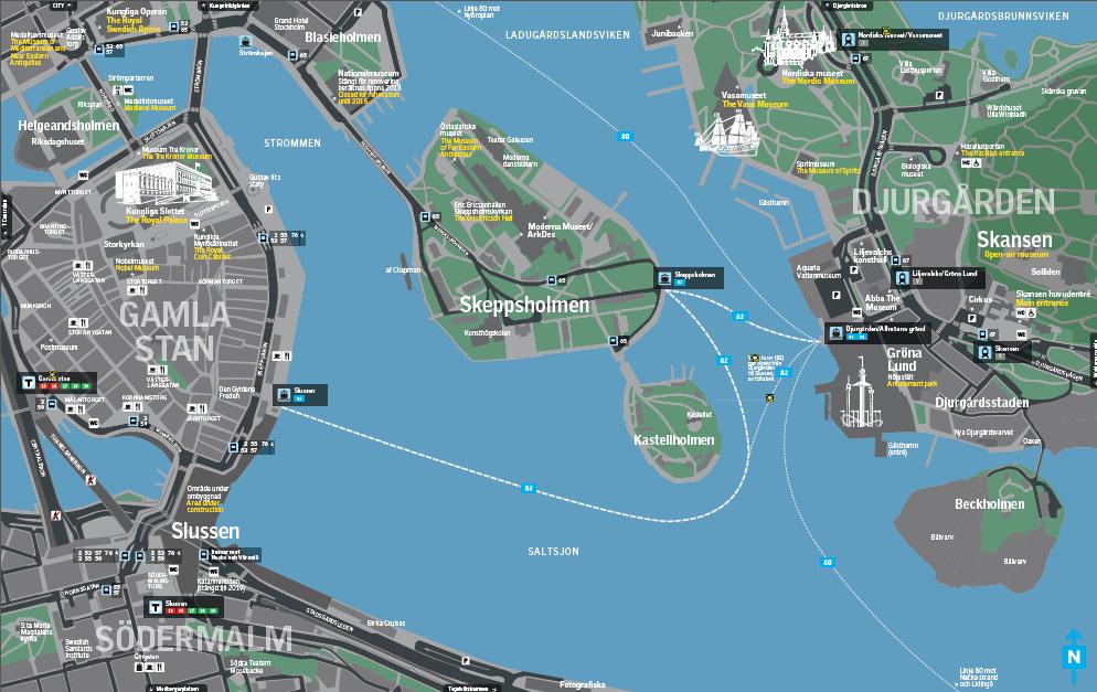 7 Linje 82, Slussen- Skeppsholmen- Djurgården (allmänna gränd) Avtal 2014-04-17 till som längst 2022-04-16, möjlighet till förtida upphörande från och med 2018-04-16 Terminaler med biljettförsäljning