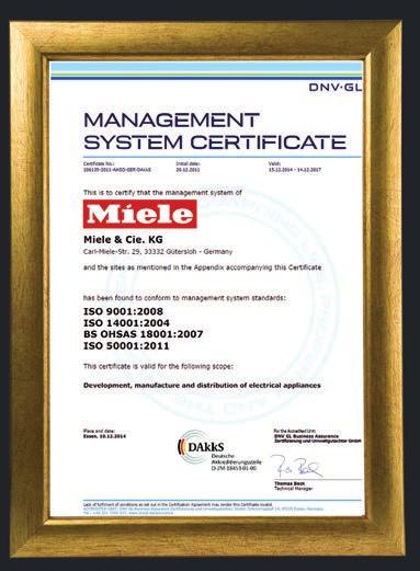 För att säkerställa att vi bibehåller höga kvalitativa mål har Miele kvalitetssäkrat alla sina tillverkningsenheter enligt ISO 9001.