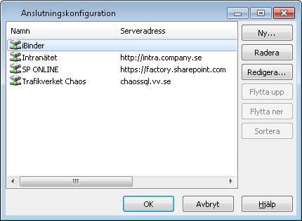 Systeminställningar Konfigurera anslutningar Med Chaos desktop kan du ansluta till externa platser som till exempel till en Chaos-databas, ibinder Pärmen och SharePoint.