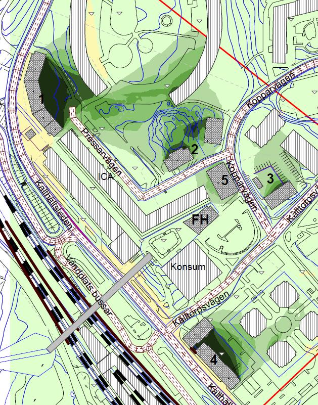 Det bågformade bostadshuset vid område 1, Rondellen, får drygt 10 db lägre dygnsekvivalenta ljudnivåer på delar av fasaden efter att område 1 byggts.