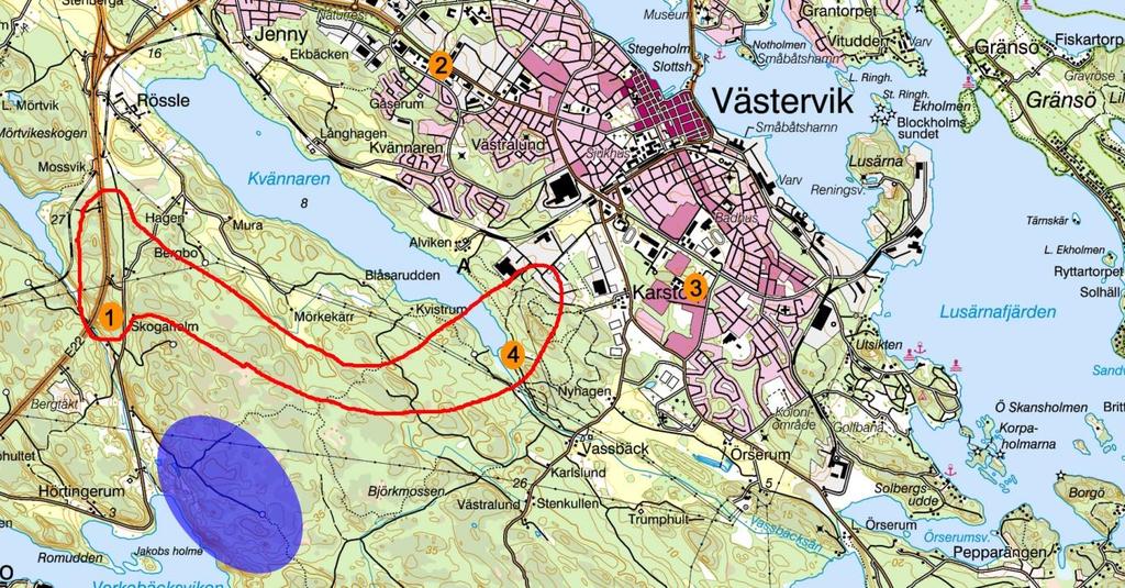 Karta 11. Slutsatsen från inventeringen är att det bedöms som osannolikt att det finns ett aktivt havsörnsbo inom vägkorridoren eller i dess absoluta närhet.