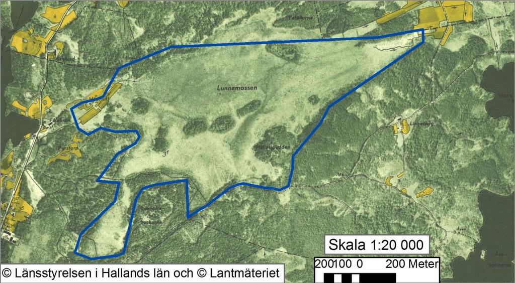 LÄNSSTYRELSEN SKÖTSELPLAN 5 (22) På ekonomiska kartan från 1960-talet, se figur 2, syns att barrskogen dominerar omgivningarna runt Lunnamossen.