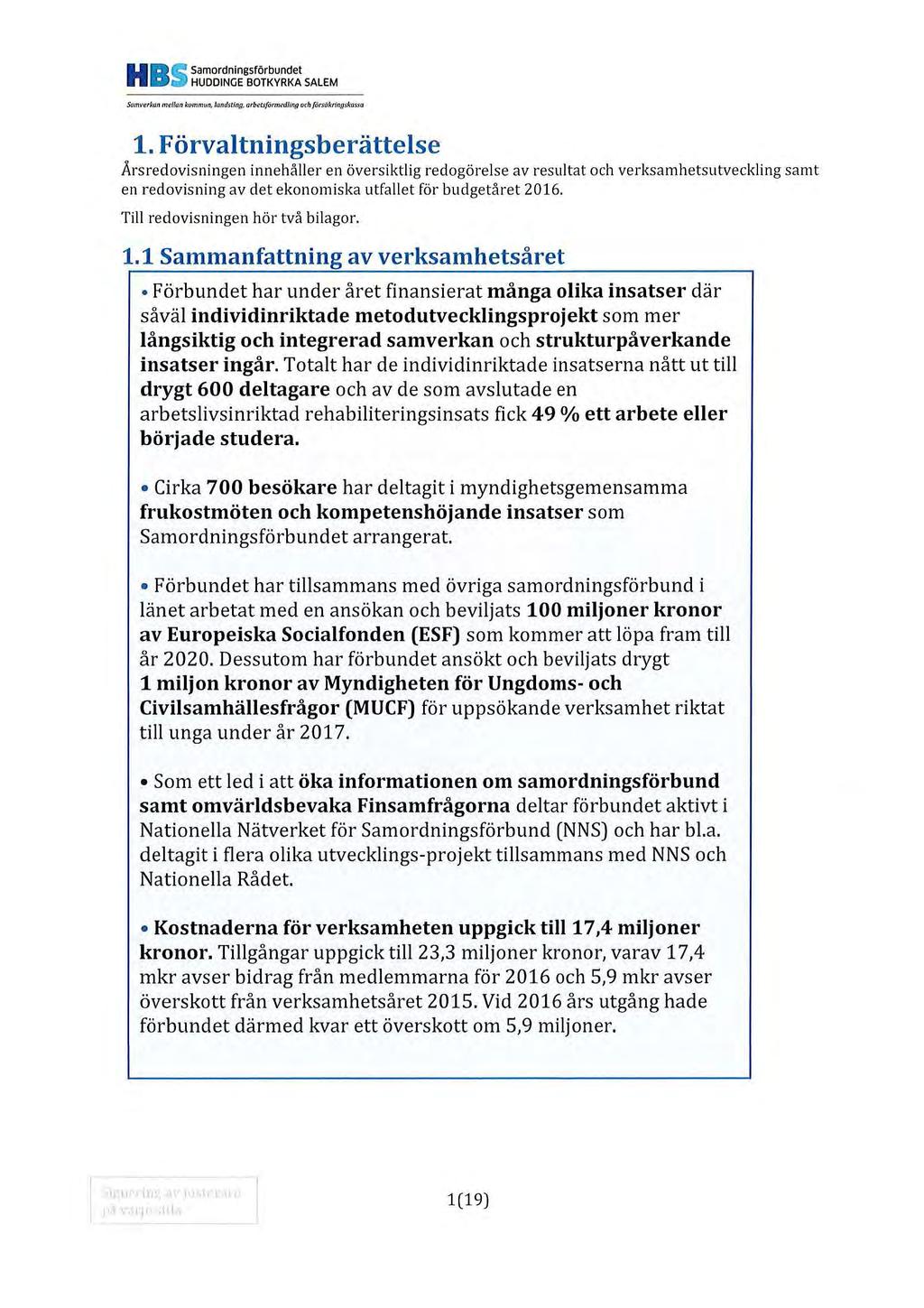 Samordningsförbundet H B s HUDDINGE BOTKYRKA SALEM Som1 er kon melf11n kommun. landstii1jl, arbetsformedling och {Qrsdlm"ngskassa 1.