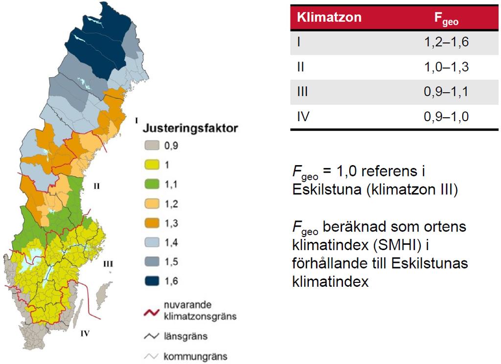 Geografiska justeringsfaktorer för uppvärmningsdelen Kartbild och indelningar enligt remissen i januari 2017.