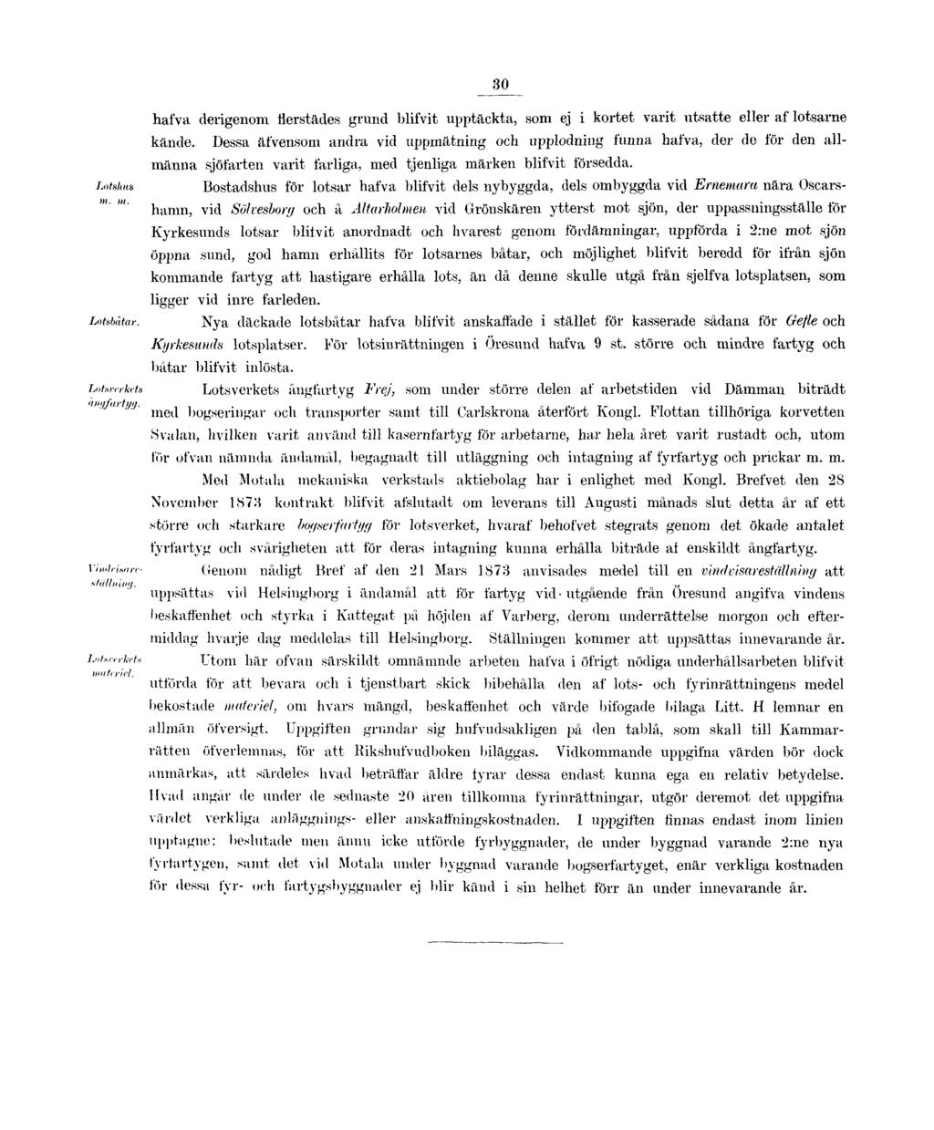 Lotshus m. m. Lotsbätar. Lotsverkets angfartyg. Vindersarestallning. Lotsverkets materiel. 30 hafva derigenom flerstädes grund blifvit upptäckta, som ej i kortet varit utsatte eller af lotsarne kände.
