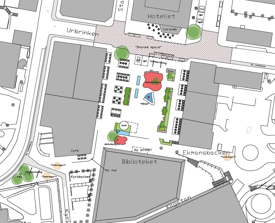 Alfred Nobels torg skissförslag till framtida utformning Huvuddrag förslag till utformning Huvudidén är att stärka torget som en tillgänglig och attraktiv mötesplats för alla och att torget blir ett