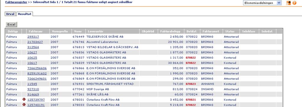 7(8) För att kunna se fakturan nu så klickar man på fakturanr och fakturainformationen kommer fram.