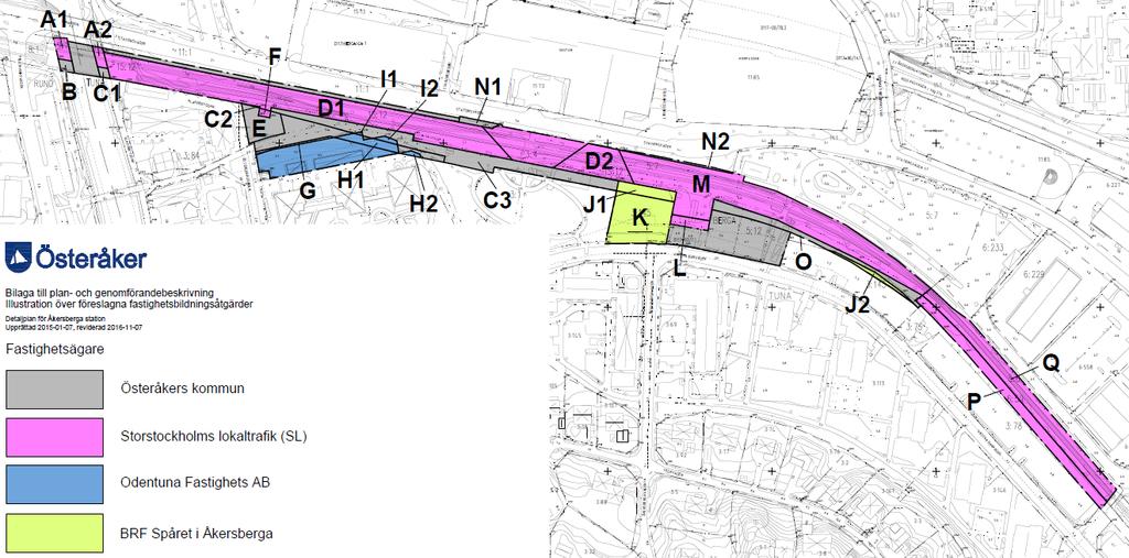 ÖSTERÅKERS KOMMUN GRANSKNINGSHANDLING 18(22) Fastighetsrättslig karta över planområdet.