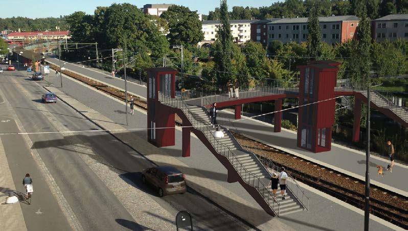 ÖSTERÅKERS KOMMUN GRANSKNINGSHANDLING 6(22) kopplar an till stationens perrongtak med pelare, sidor och hisstorn klädda i rött limträ.