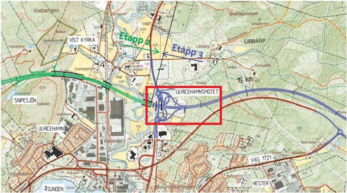 Figur 1 - Karta över den nya vägsträckningen där Ulricehamnsmotet är inrutat i rött (Trafikverket, 2013). 1.1.2 Befintliga konstruktioner Både befintliga elledningar och teleledningar i området kommer att läggas om öster om bron.