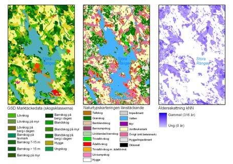 Figur 4.4 Exempel på rikstäckande underlag baserade på satellitbildsanalys över samma område i Östergötlands län.