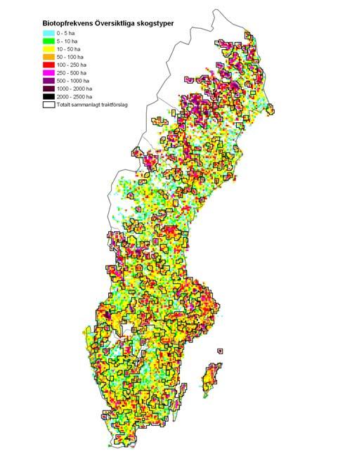 Figur 6.1 Sammanlagd areal värdekärna för alla översiktliga skogstyper och det totala traktutfallet för alla typer.