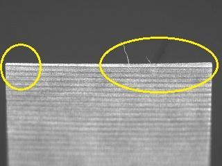 Eggskärpan för spånvinkel 30 var relativt god, när man studerar den i mikroskop visar det sig att den ena kanten är vass, sedan blir den sämre och sämre tills man kommer till andra kanten, se figur