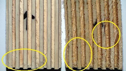 4.5.1 Brottyta på bearbetad yta Vid bearbetning parallellt med fibrerna 90-0 är ytkvaliteten jämn, men det skapas en del sprickor i början på varje skäromgång.