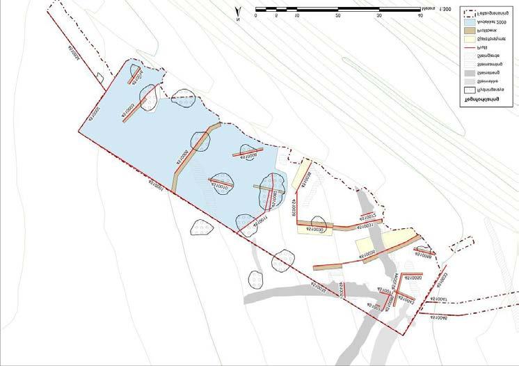 (2012). Figur 3 Utgrävningsområdet på Hördalsåsen 2009 och 2010 med profiler och schakt. Utarbetad av Tone Wikstrøm, KHM.