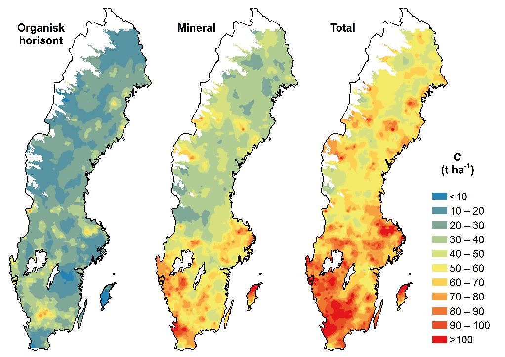 Organisk horisont Mineral Total C -1 (t ha ) <10 10-20 20-30 30-40 40-50 50-60 60-70 70-80 80-90 90-100 >100 Inga data Figur 4.