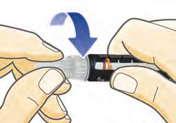 Vrid på cylinderampullhållaren igen. Ta en ny injektionsnål och dra av skyddspappret. För injektionsnålen rakt på pennan.