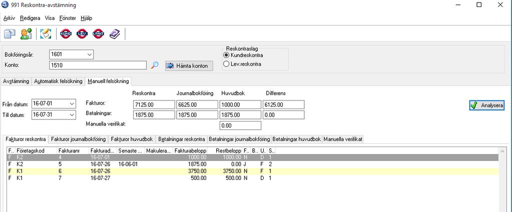 Flik Manuell felsökning Här kan manuell felsökning göras med hjälp av information från de olika flikarna. I fälten Från/Till datum anges det datumintervall som ska stämmas av.