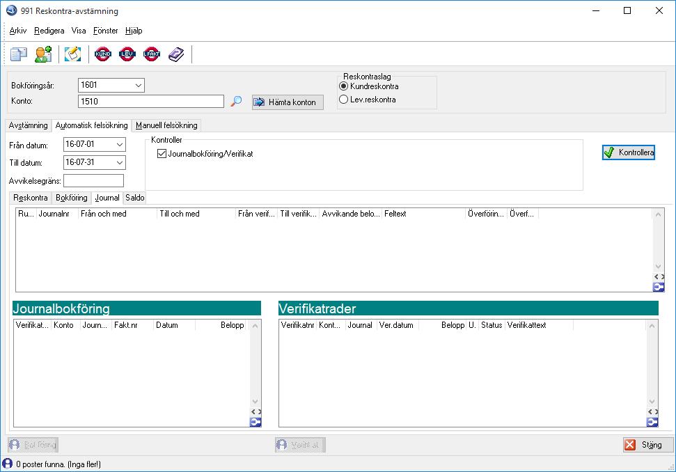 Flik Journal Här görs en kontroll mellan journalbokföringen och verifikatrader. Vad kontrollen tittar på kan du läsa mer om i F1-hjälpen för rutin 991 Reskontra-avstämning.